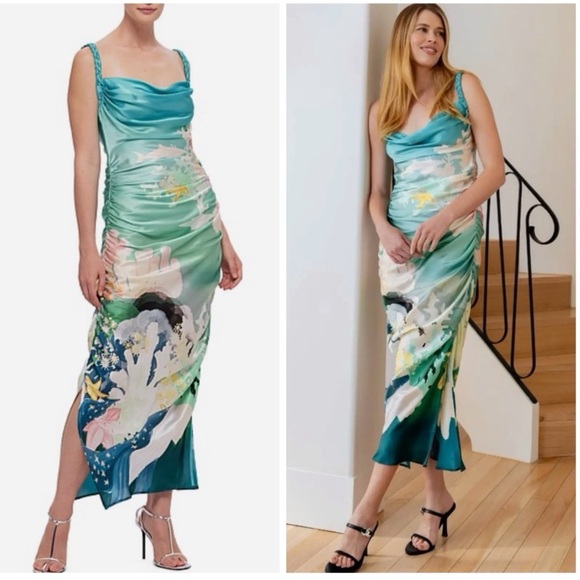 Leo Lin Dresses & Skirts - NWT Leo Lin Rachel Cowl Neck Silk Slip Dress Neptune Print in Sea Grass Size 12